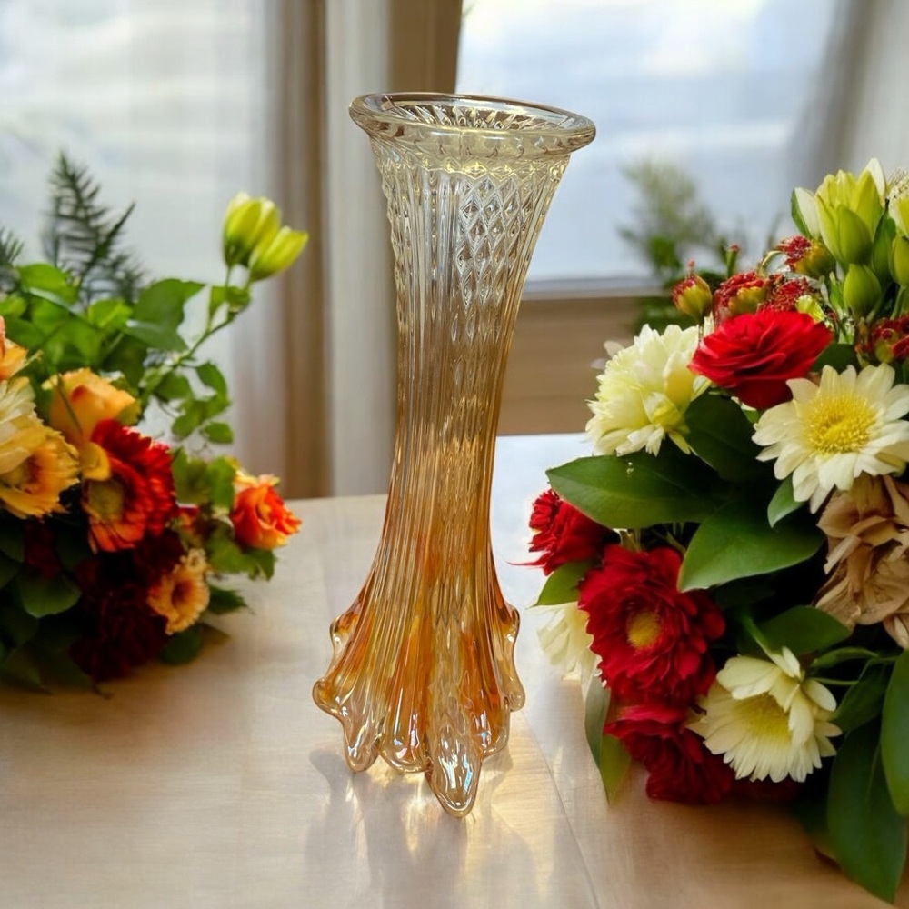 Vintage Fenton Marigold Carnival Glass Swung Vase Diamond Point Columns - Picture 3 of 12